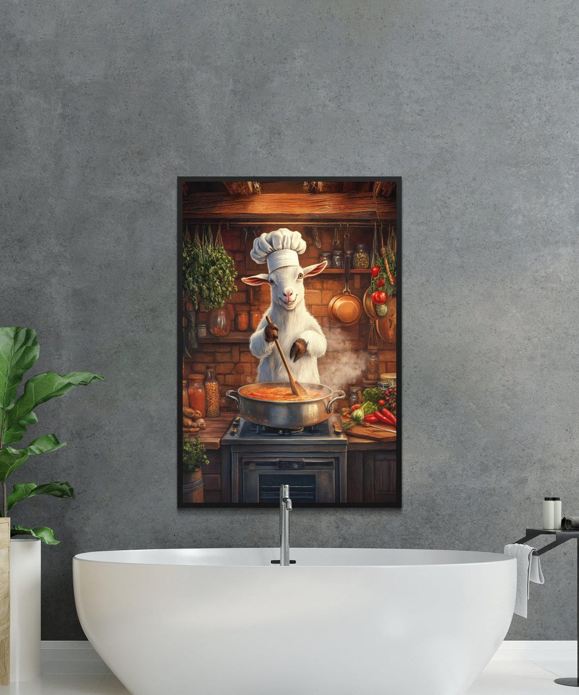 Goat Chef in a Toque Stirring a Steaming Pot Rustic Kitchen Poster - Image 2