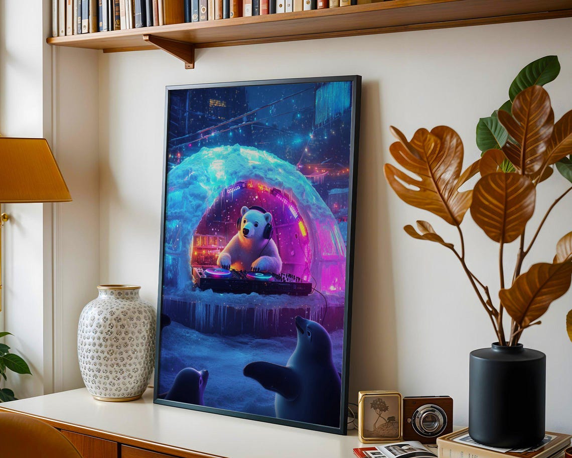 Polar Bear DJ in a Neon Igloo Club With Dancing Penguin Poster - Image 4