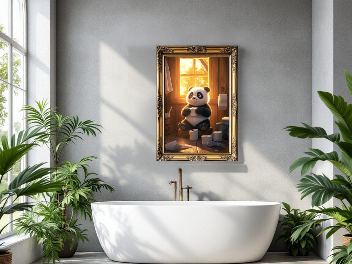 Panda Holding Cup In Sunlit Bathroom Funny Bathroom Animal Poster - Image 3