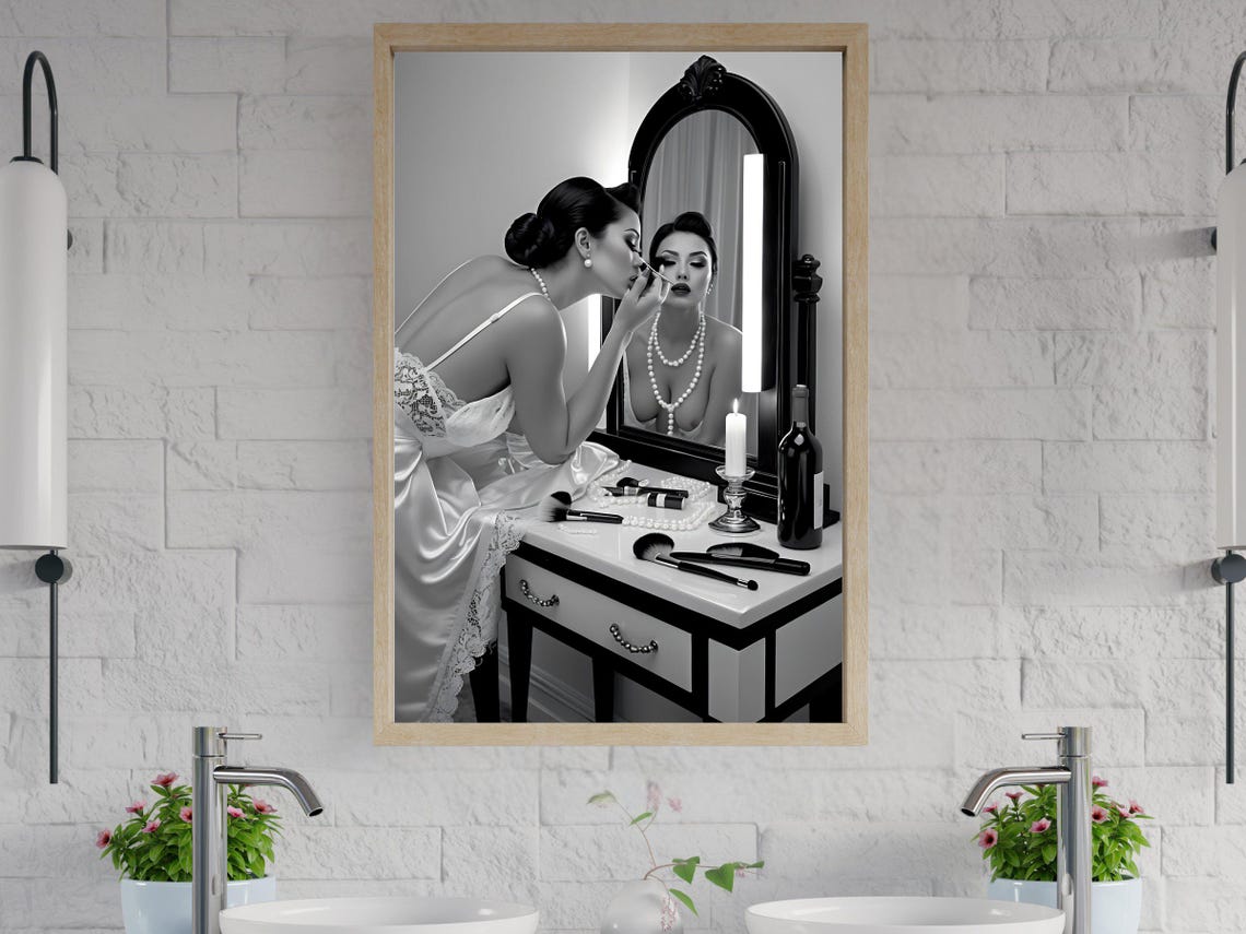 Woman Applying Makeup at a Vanity Mirror in Black and White Poster