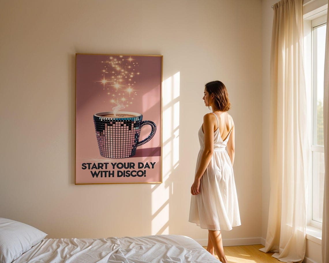 Disco Ball Coffee Mug Start Your Day With Disco Pink Kitchen Poster - Image 3
