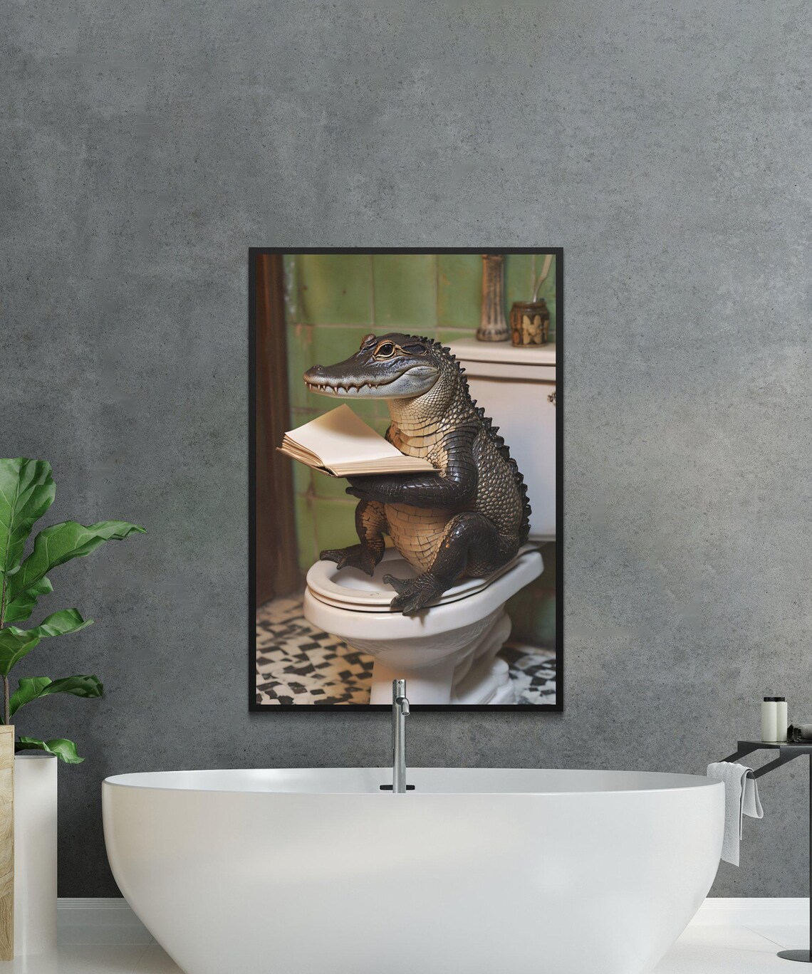 Alligator Reading Wall Art Quirky Bathroom Decor Funny Animal Print Unique Toilet Art Green And White Accent Humorous Poster - Image 2