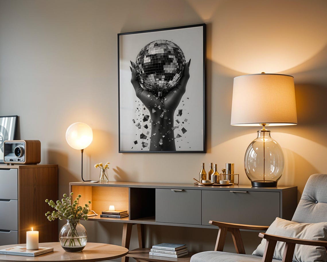 Modern Black And White Disco Ball Wall Art Unique Hand Holding Disco Ball Print Abstract Geometric Wall Decor Contemporary Art Print - Image 3