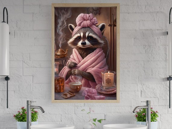 Cozy Raccoon in a Pink Robe Enjoying Tea and Candles at a Spa Poster