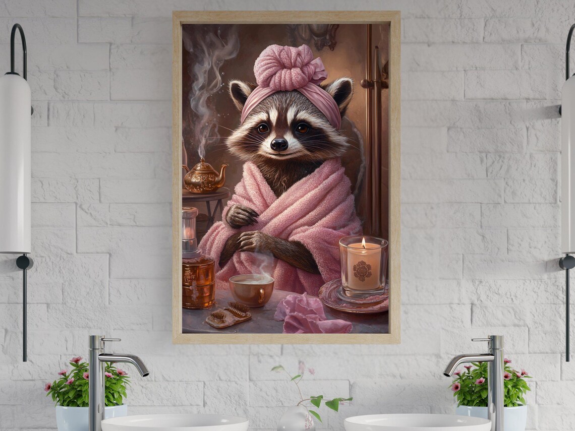 Cozy Raccoon in a Pink Robe Enjoying Tea and Candles at a Spa Poster