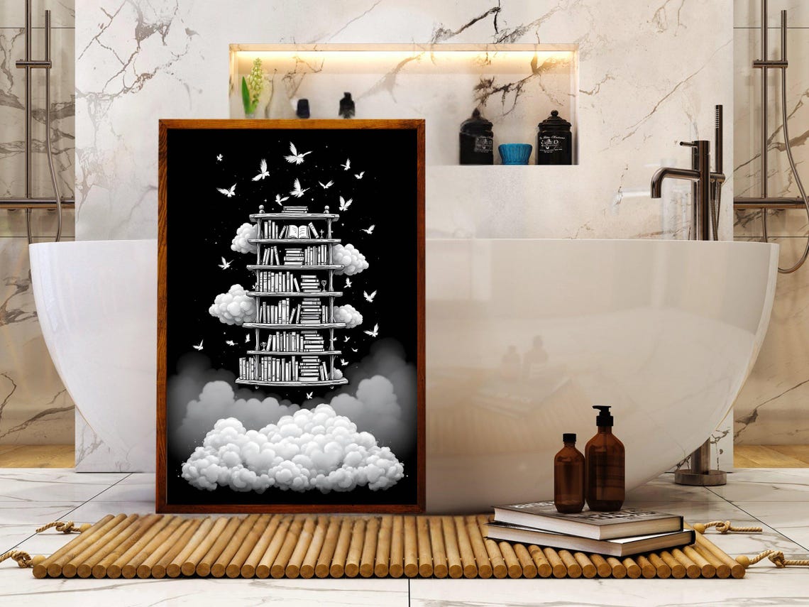 Floating Bookshelf Among Clouds And Doves Black White Poster - Image 4