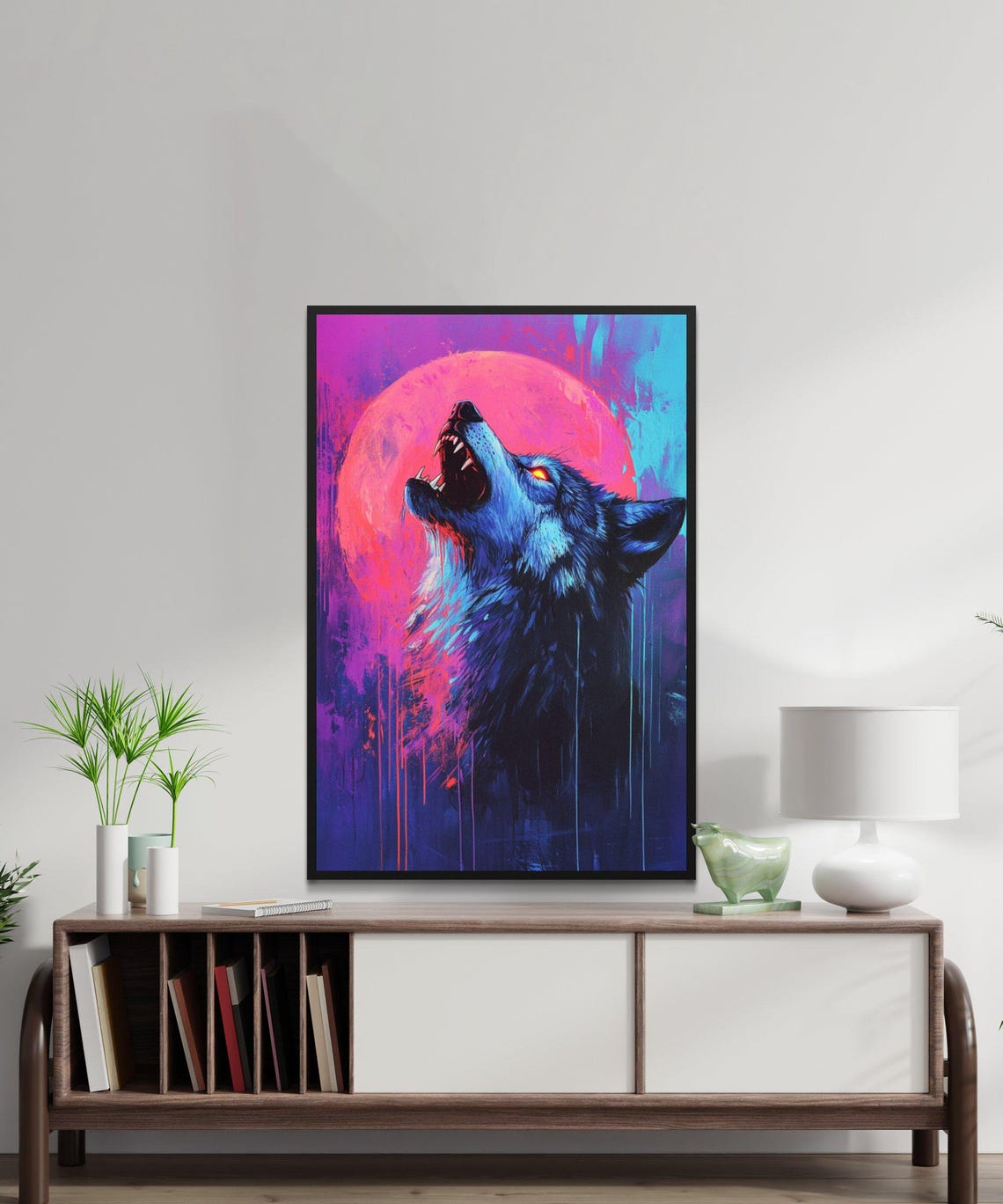 Howling Wolf Under Giant Pink Moon Neon Night Sky Art Poster - Image 5