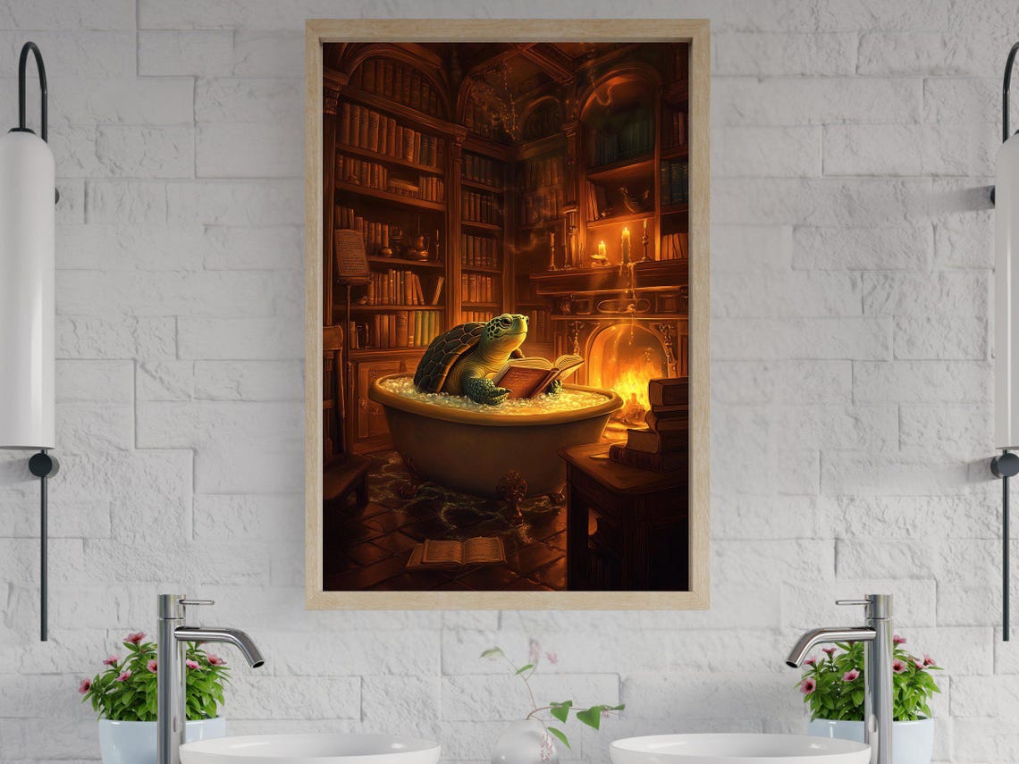 Turtle Reading Book in Bubble Bath Library Fireplace Art Poster