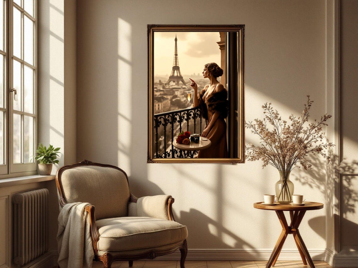 Woman on Paris Balcony with Eiffel Tower View and Champagne Poster - Image 2