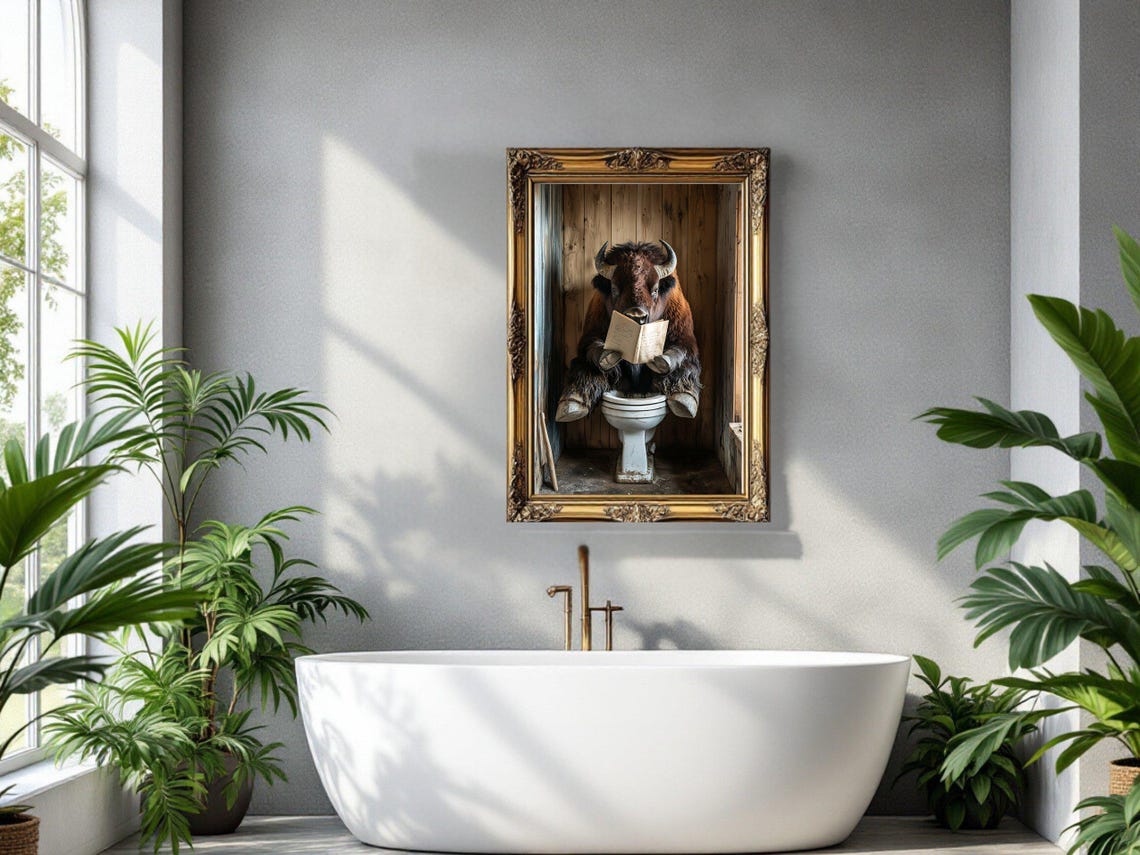 Bison Reading a Book on a Toilet in a Rustic Wooden Bathroom Poster - Image 3