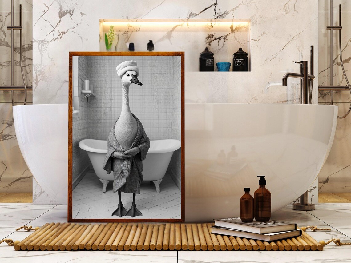 Swan in a Robe and Towel Turban Standing by a Bathtub Poster - Image 5