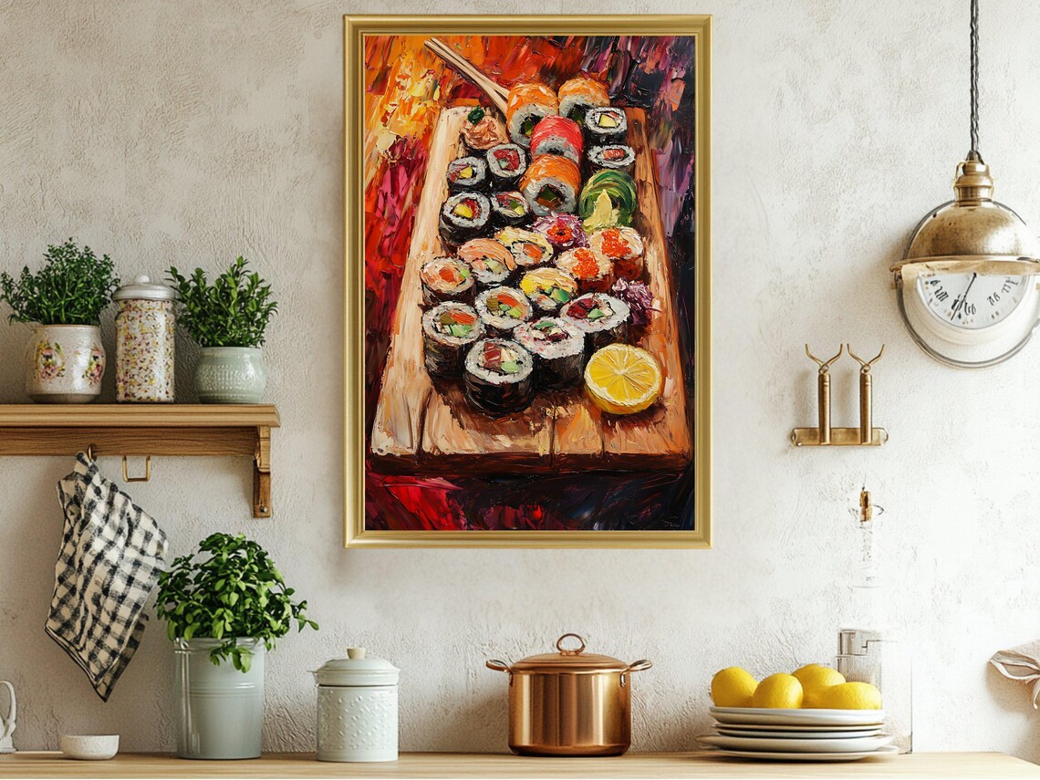Colorful Sushi Platter Oil Painting on a Wooden Board Poster