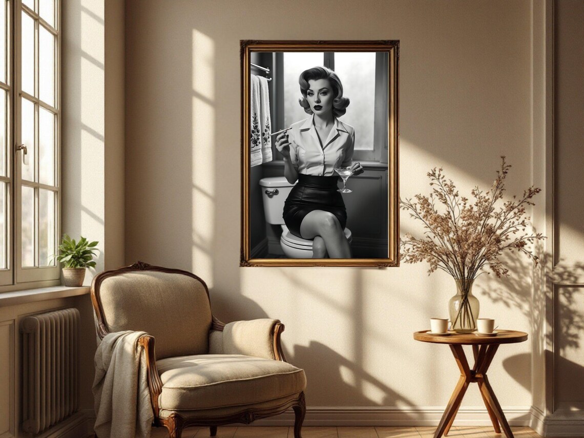 Retro Pin Up Woman With a Martini Sitting on a Toilet Poster - Image 2