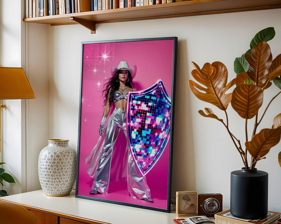 Retro Futuristic Cowgirl With Disco Shield Hot Pink Western Poster - Image 5