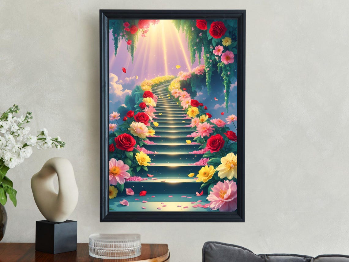 Heavenly Floral Staircase Rising Into Sky Rose Light Art Print