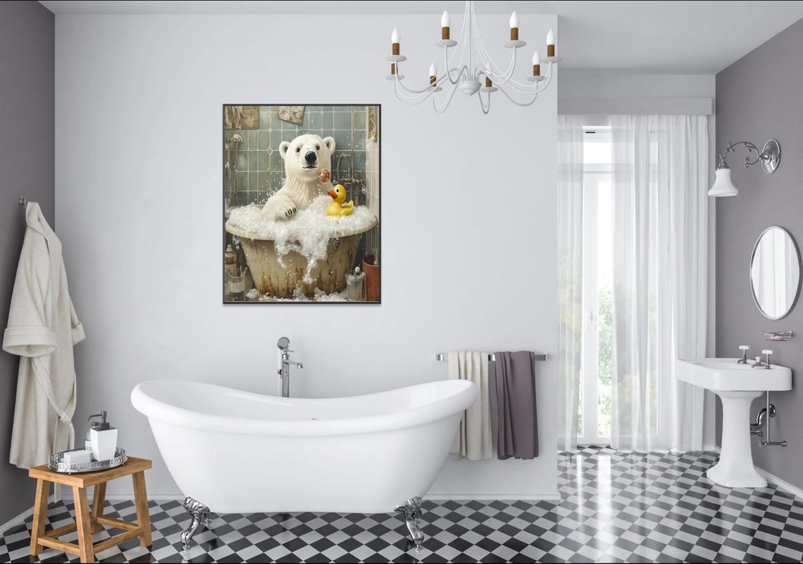 Polar Bear Splashing in a Vintage Bubble Bath with Rubber Duck Poster - Image 2