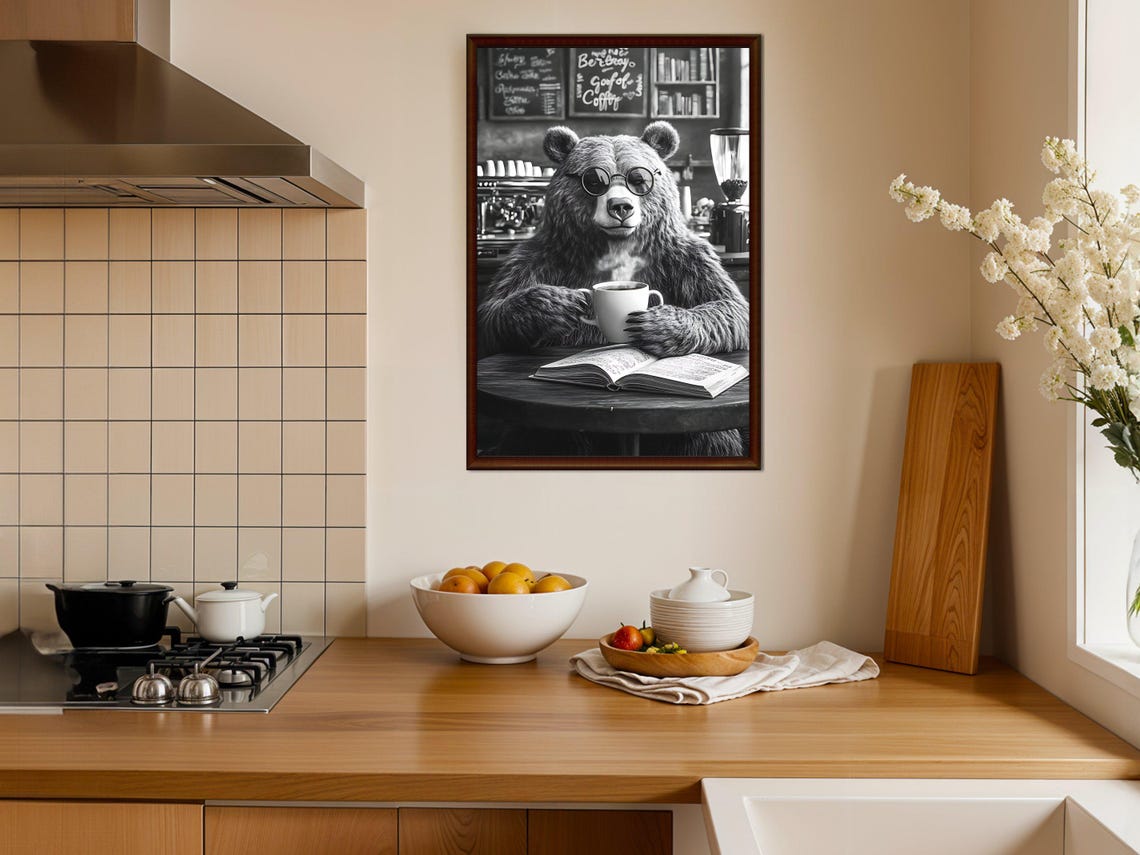 Cool Bear with Sunglasses Drinking Coffee in Black White Poster - Image 3