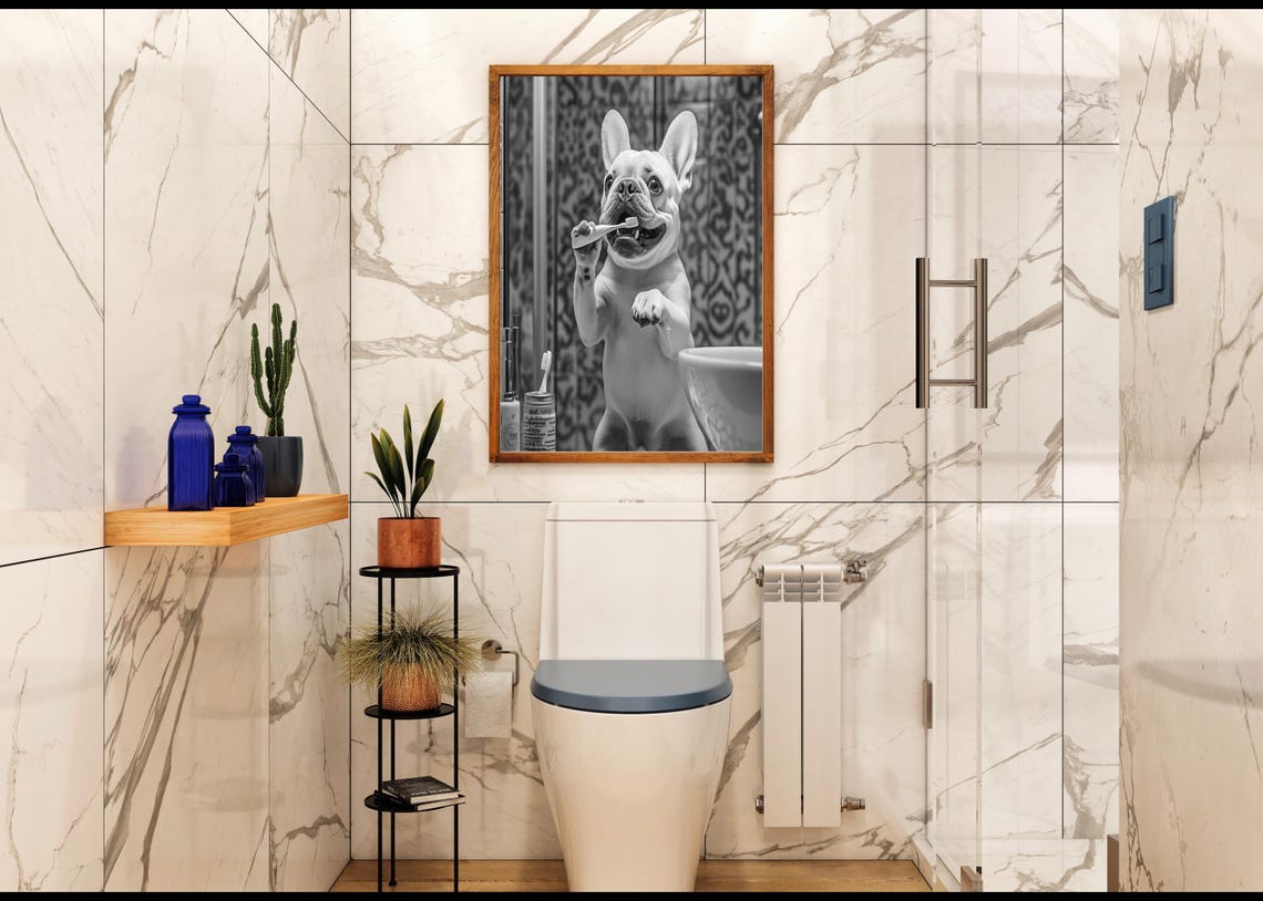 French Bulldog Brushing Teeth In Mirror Black And White Poster - Image 2
