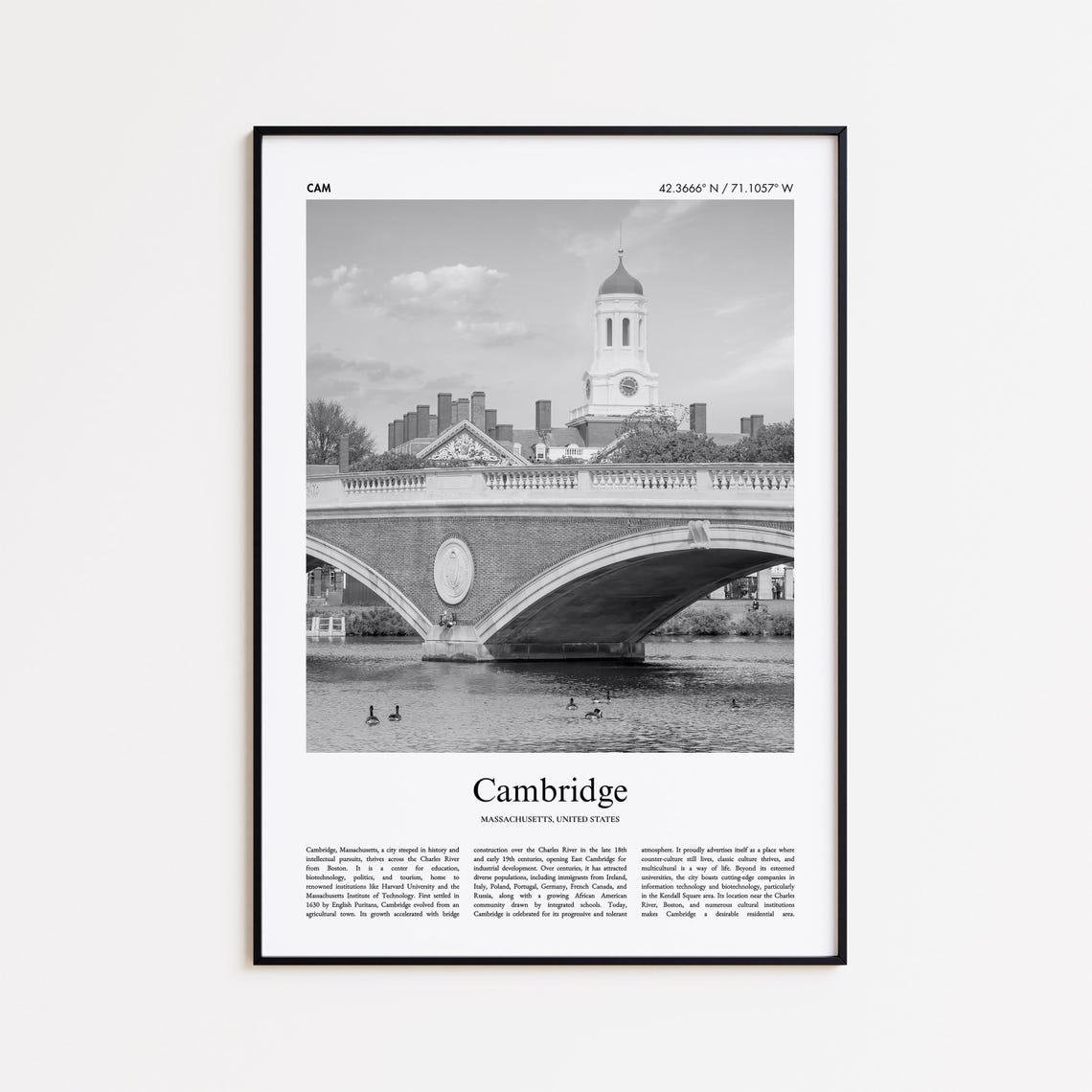 Cambridge Massachusetts Black And White River Bridge Photo Poster