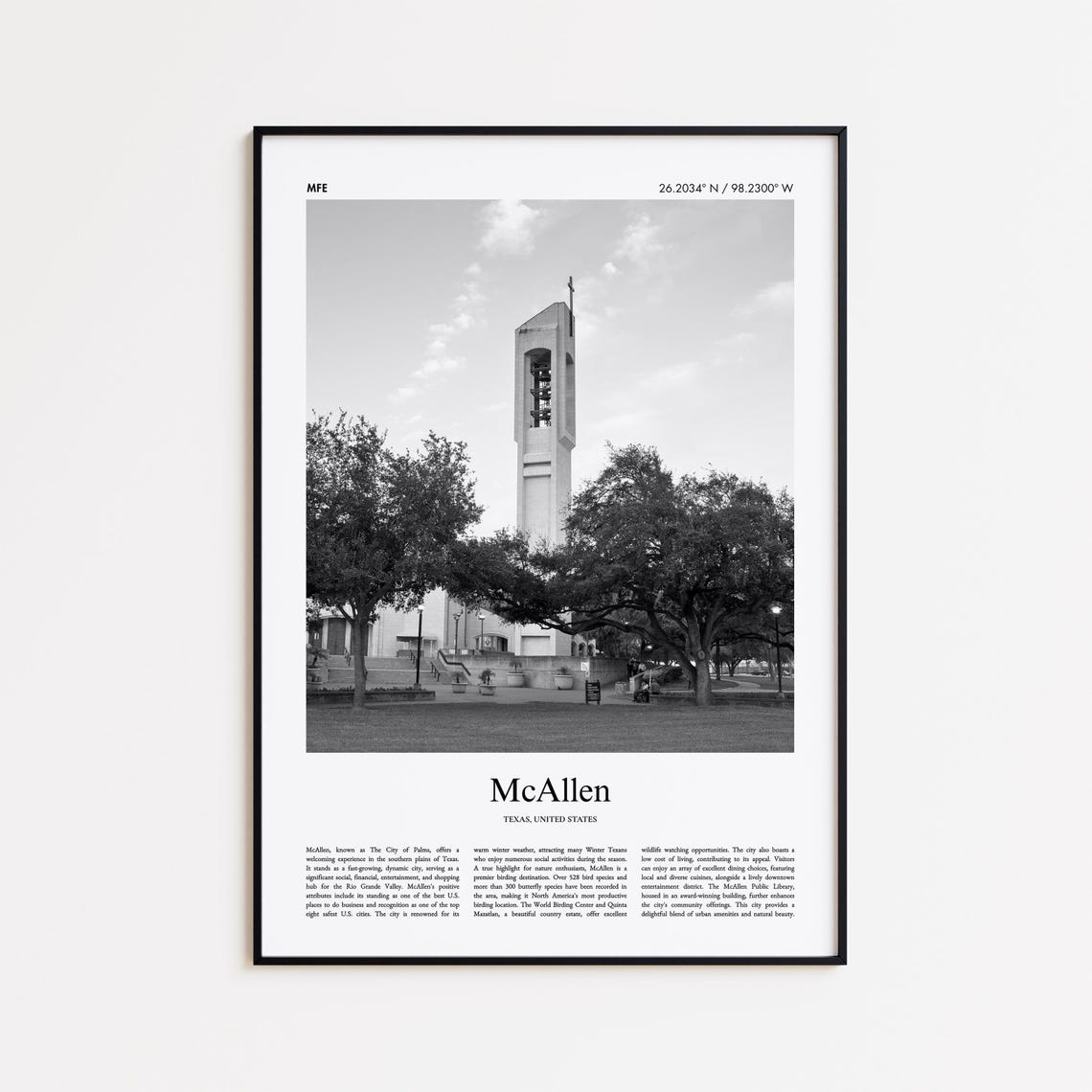 McAllen Texas Black and White Bell Tower Landmark Photo Poster