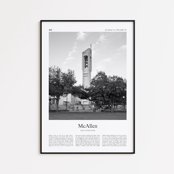 McAllen Texas Black and White Bell Tower Landmark Photo Poster