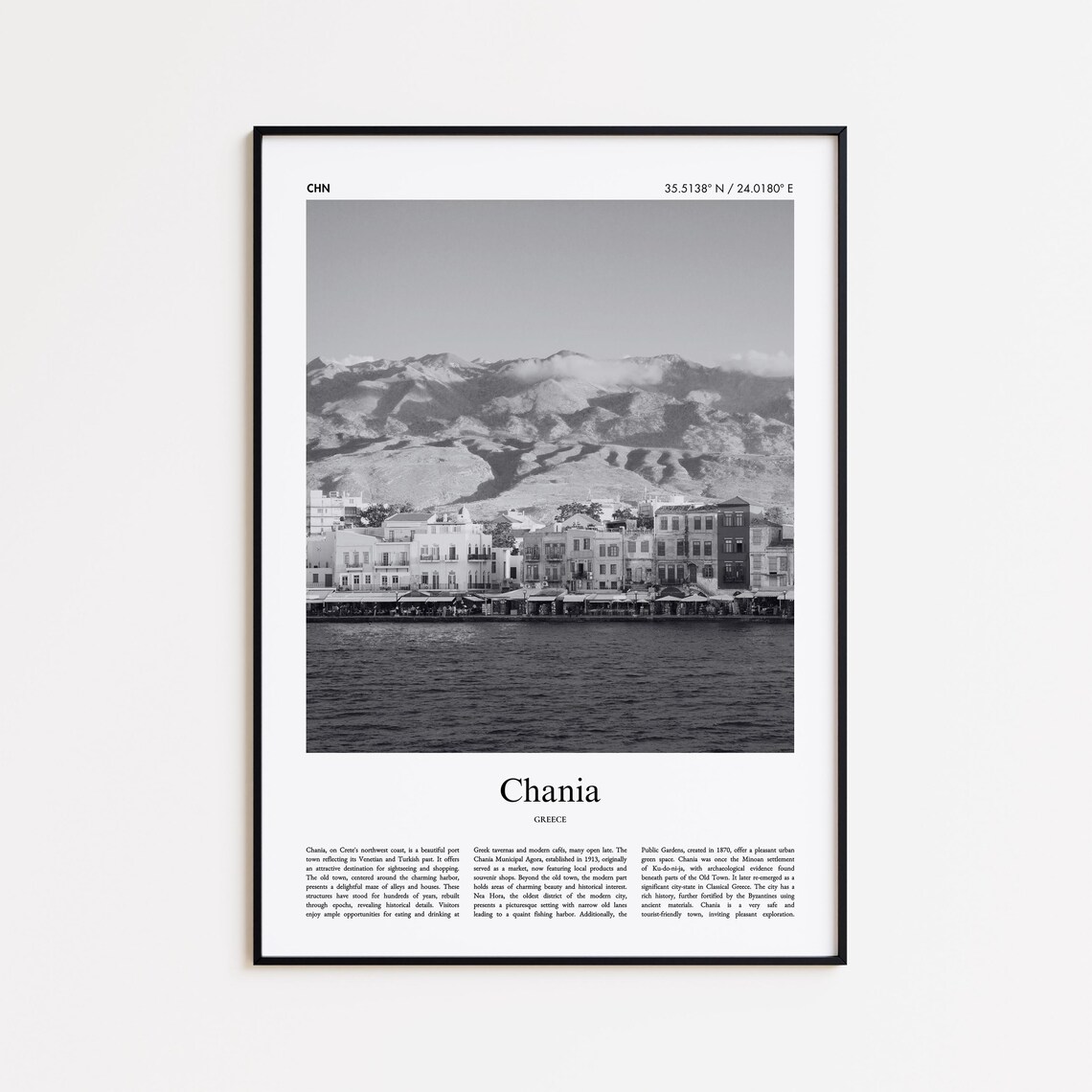 Chania Harbor Black And White Crete Greece Aegean Travel Poster