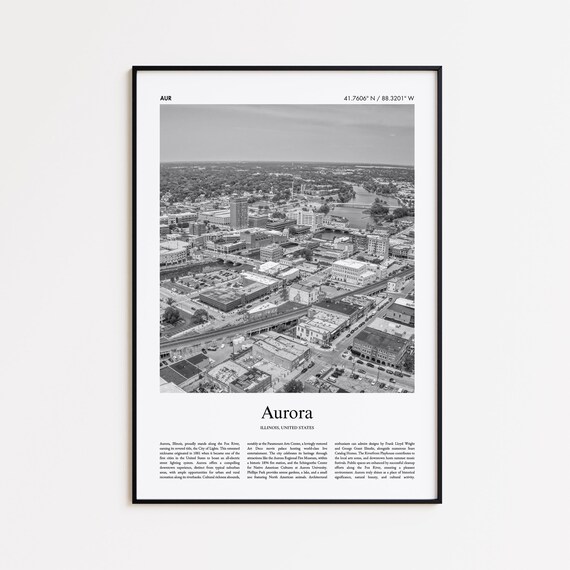 Aurora Illinois Black and White Cityscape Travel Photo Poster