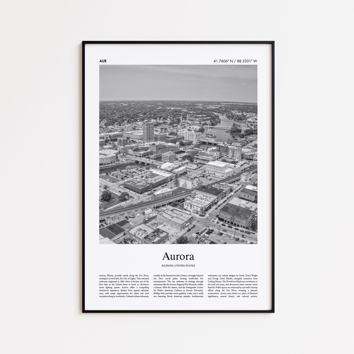 Aurora Illinois Black and White Cityscape Travel Photo Poster
