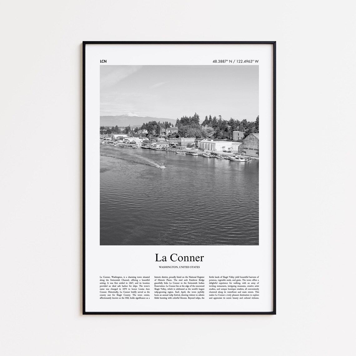 La Conner Washington Black and White Travel Poster Waterfront Town Photo