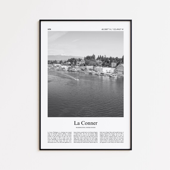 La Conner Washington Black and White Travel Poster Waterfront Town Photo