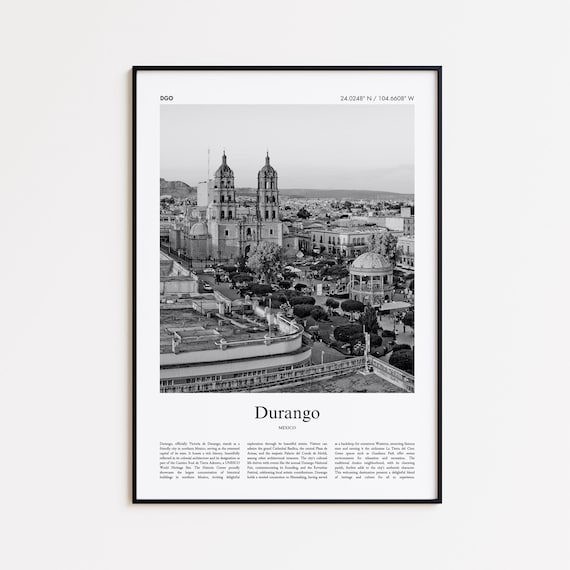 Durango Mexico Black and White Colonial Cathedral Travel Poster