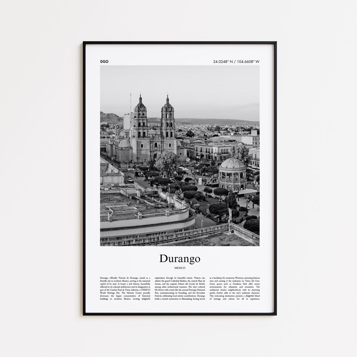 Durango Mexico Black and White Colonial Cathedral Travel Poster