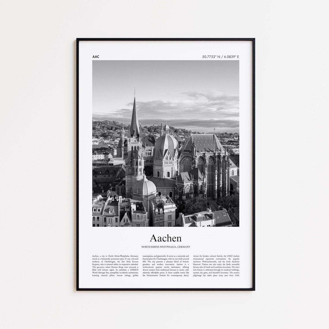 Aachen Germany Black and White Cathedral Cityscape Travel Poster
