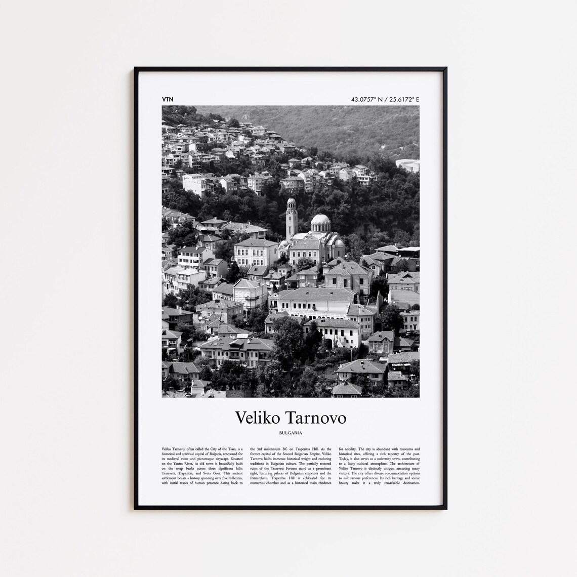 Veliko Tarnovo Bulgaria Hillside Old Town Black and White Photo Poster