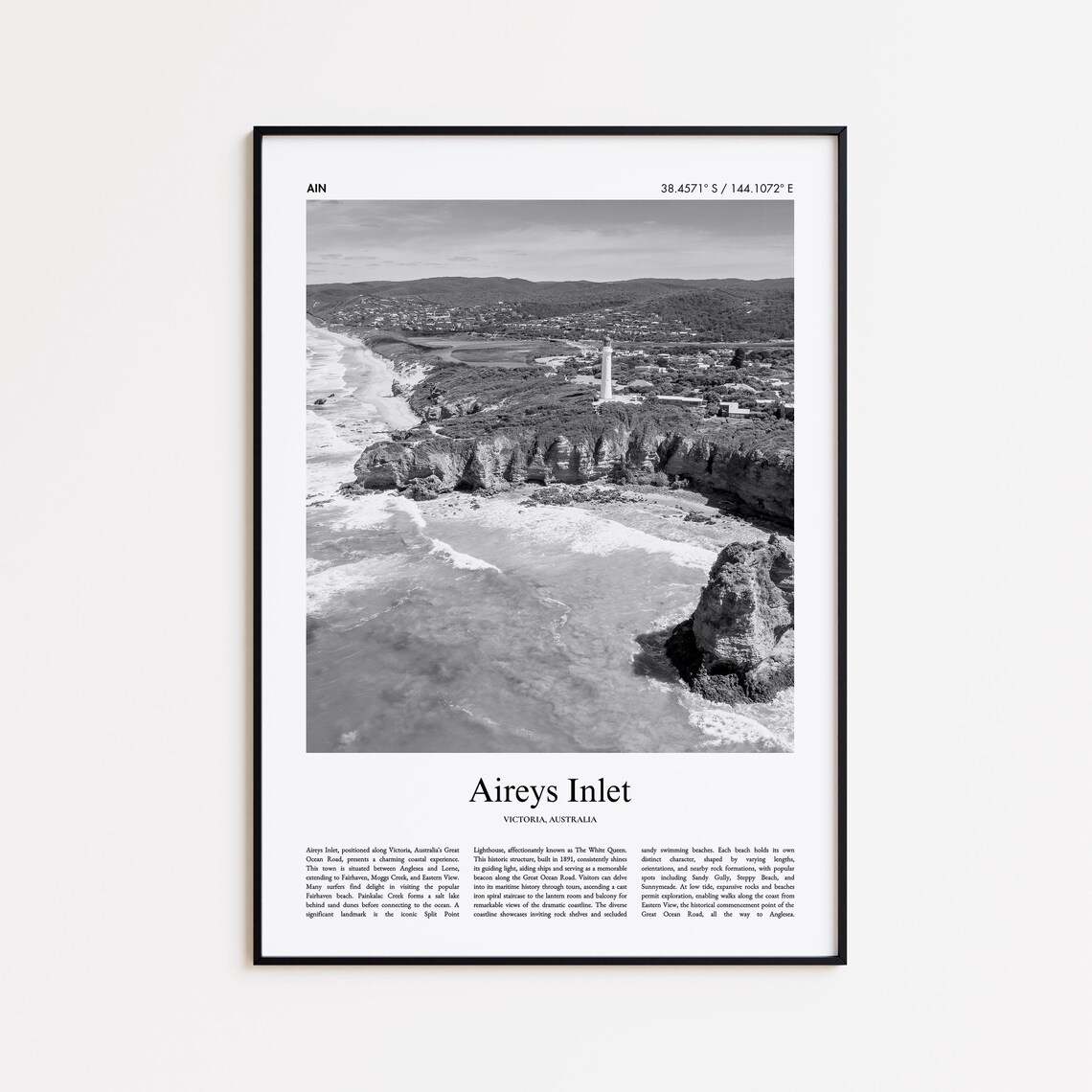 Aireys Inlet Lighthouse Coast Aerial Black and White Travel Poster