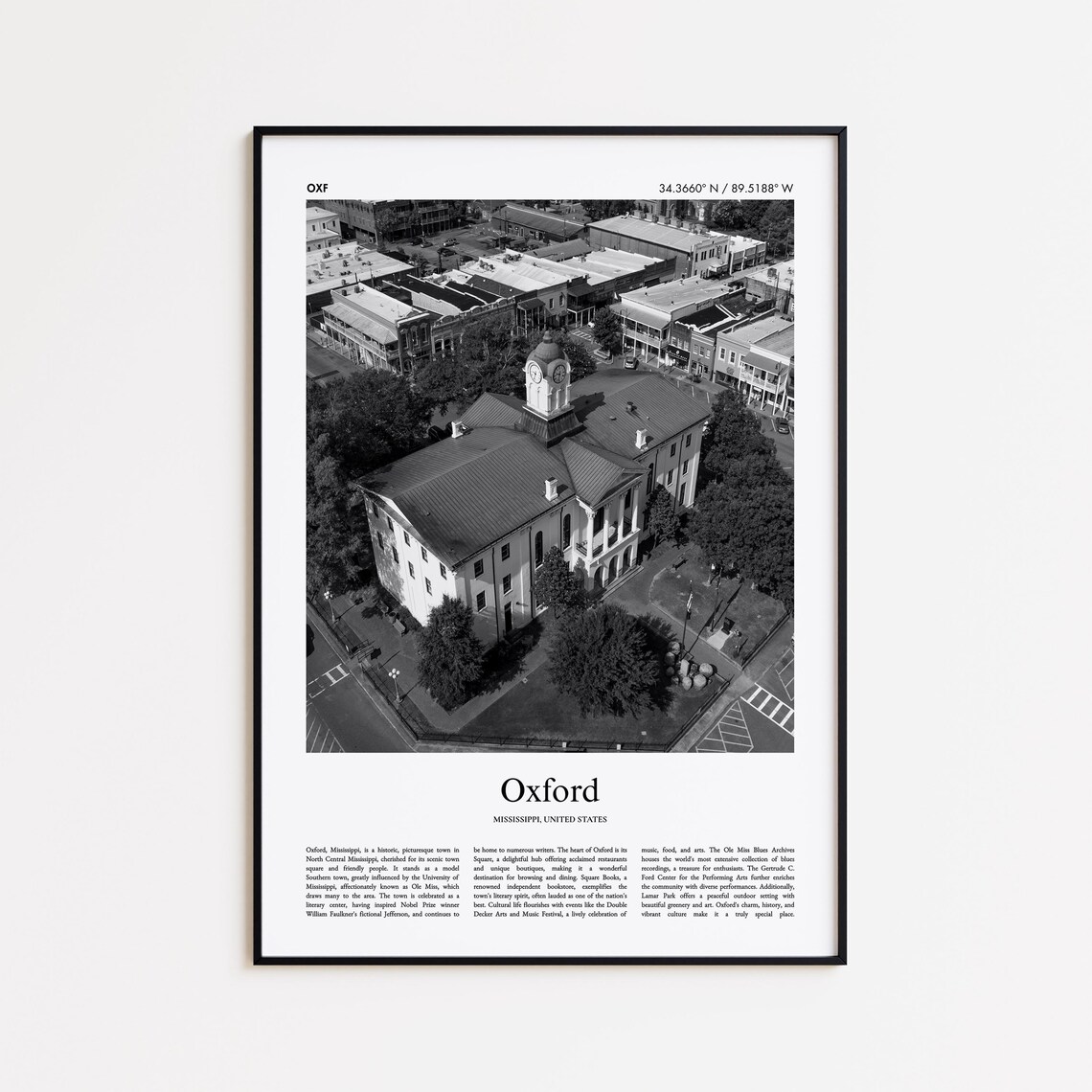 Oxford Mississippi Black And White Aerial Courthouse Square Photo Poster