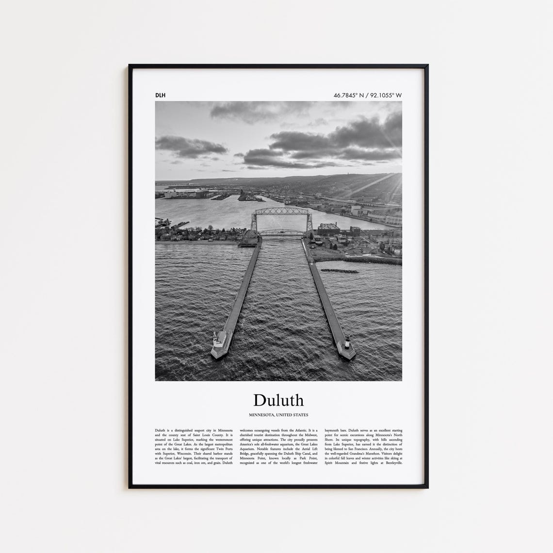 Duluth Minnesota Lift Bridge Harbor Black And White Travel Poster