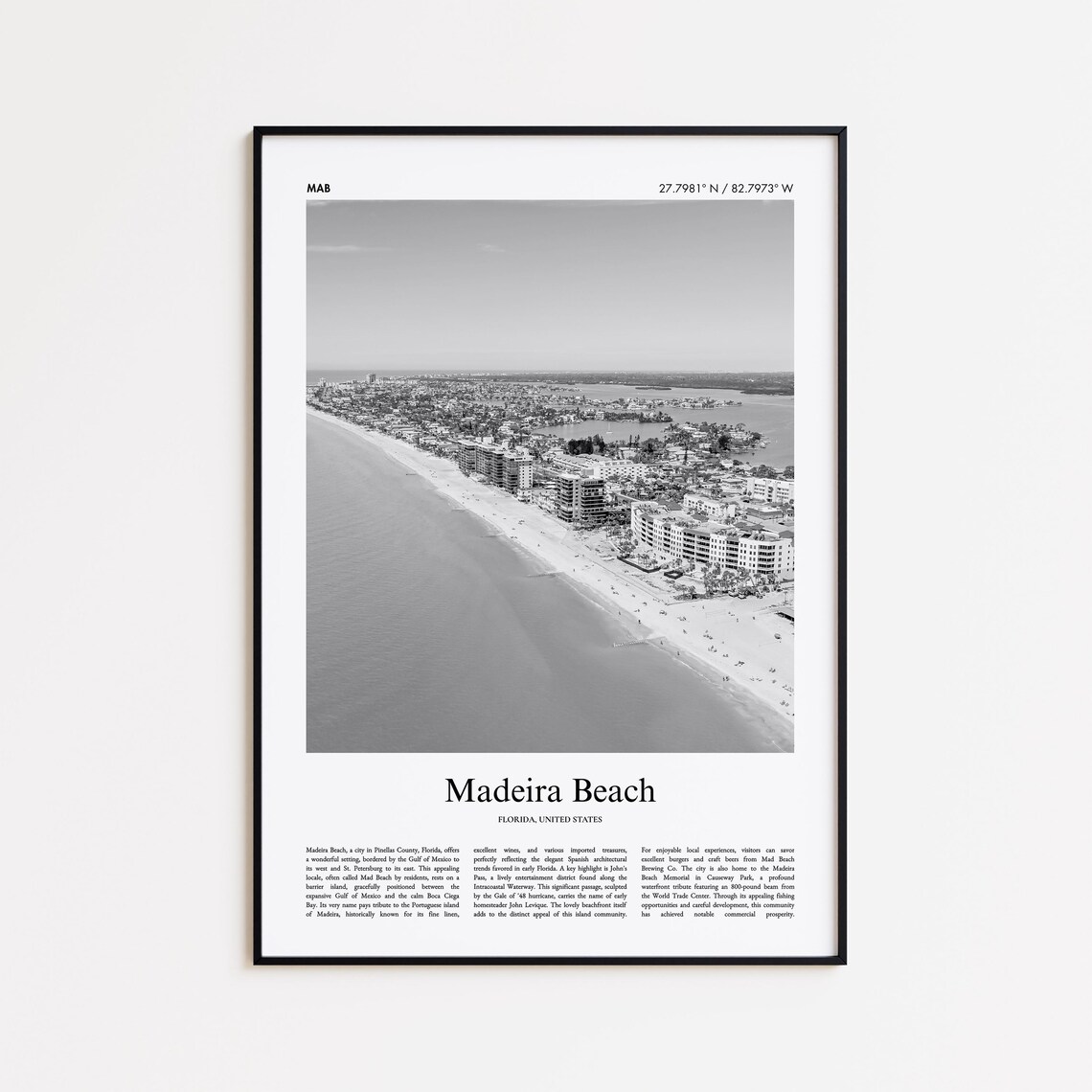 Madeira Beach Florida Black And White Aerial Coast Photo Travel Poster