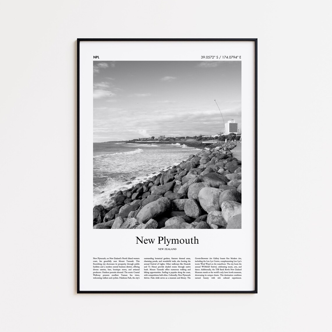 New Plymouth Rocky Coast Black and White Photo Poster New Zealand