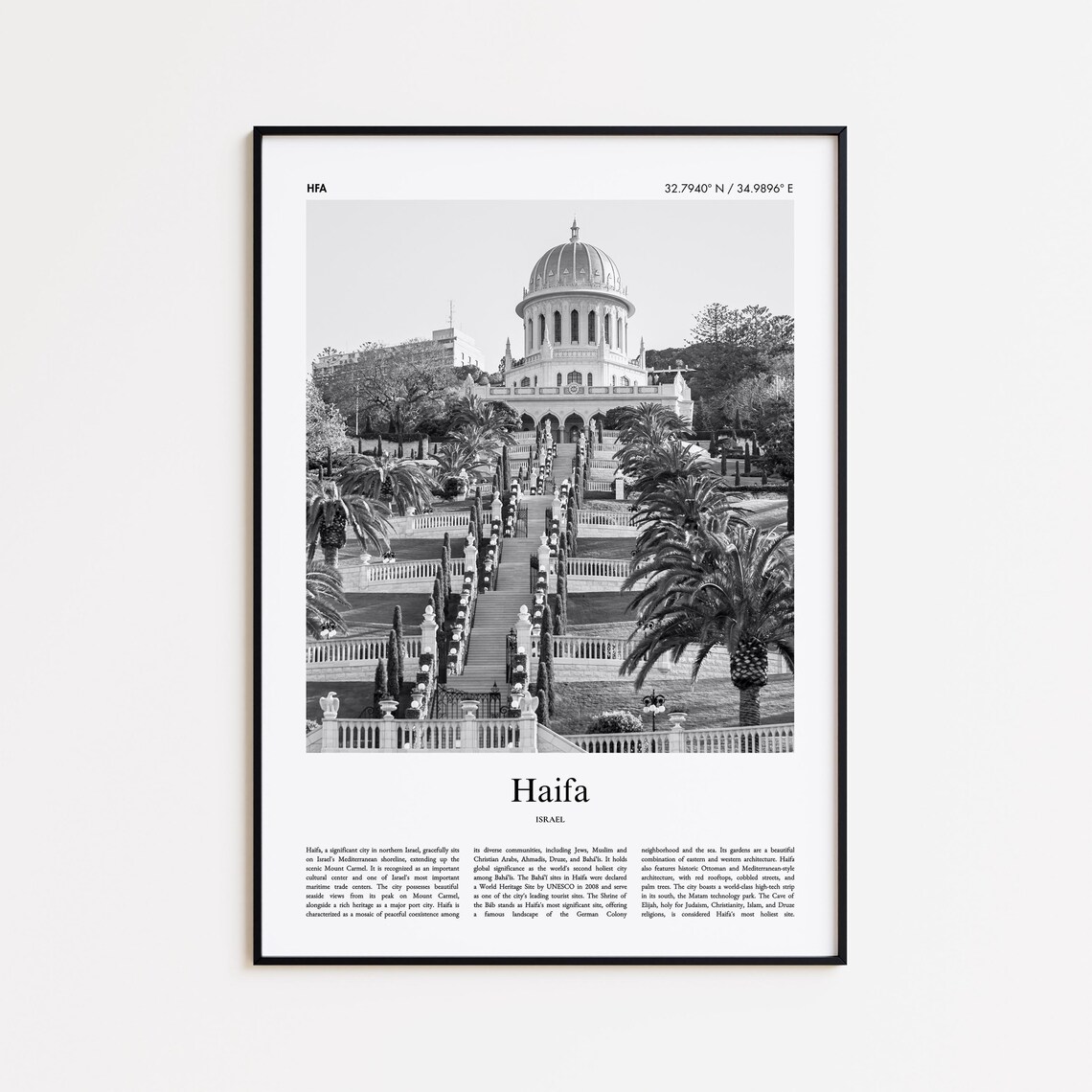 Haifa Israel Black And White Bahai Shrine Gardens Photo Poster