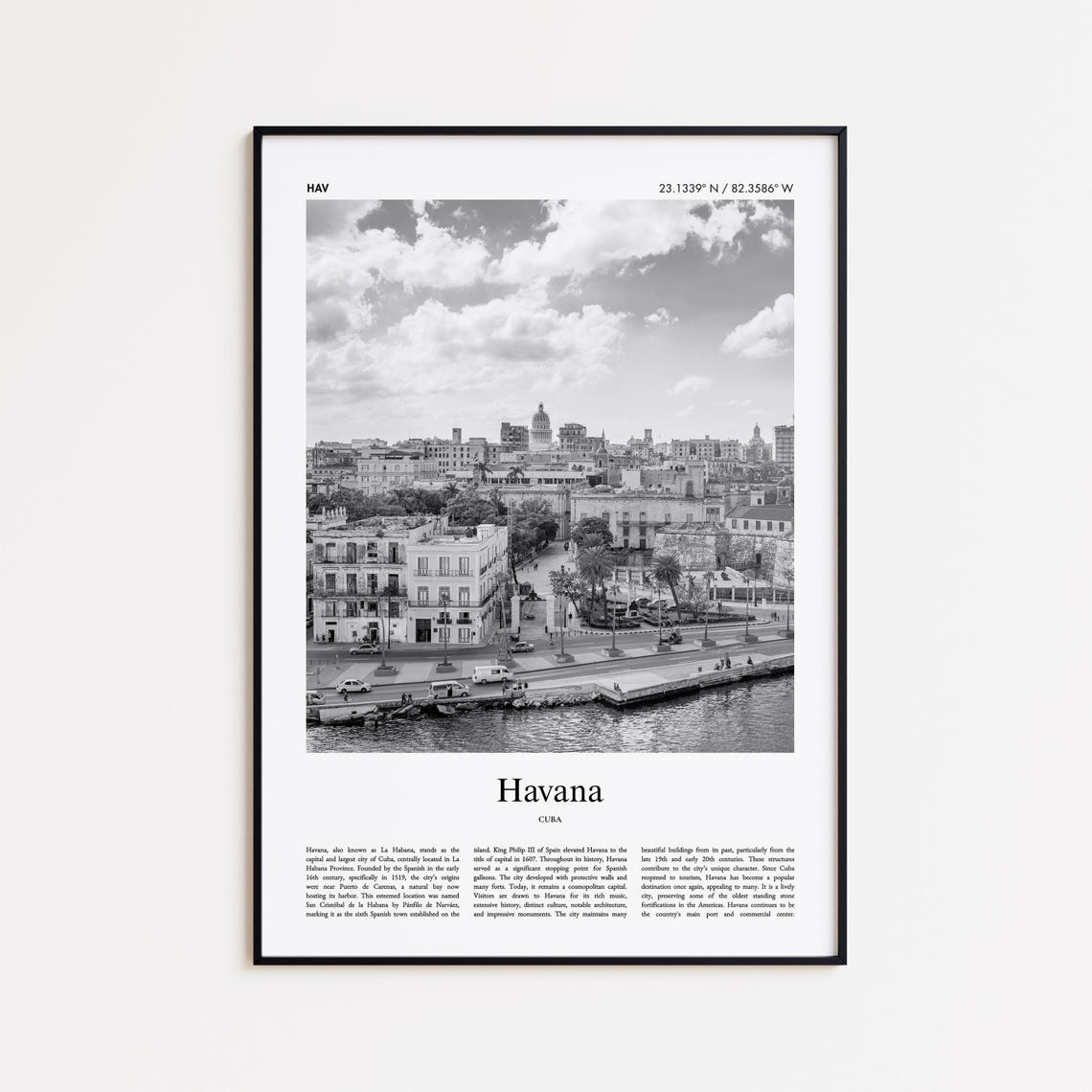 Havana Cuba Harbor Aerial Black and White Photo Travel Poster