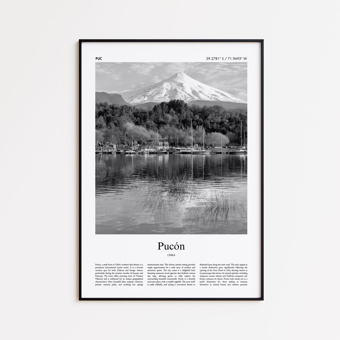 Pucon Chile Black And White Volcano Lake Photo Travel Poster