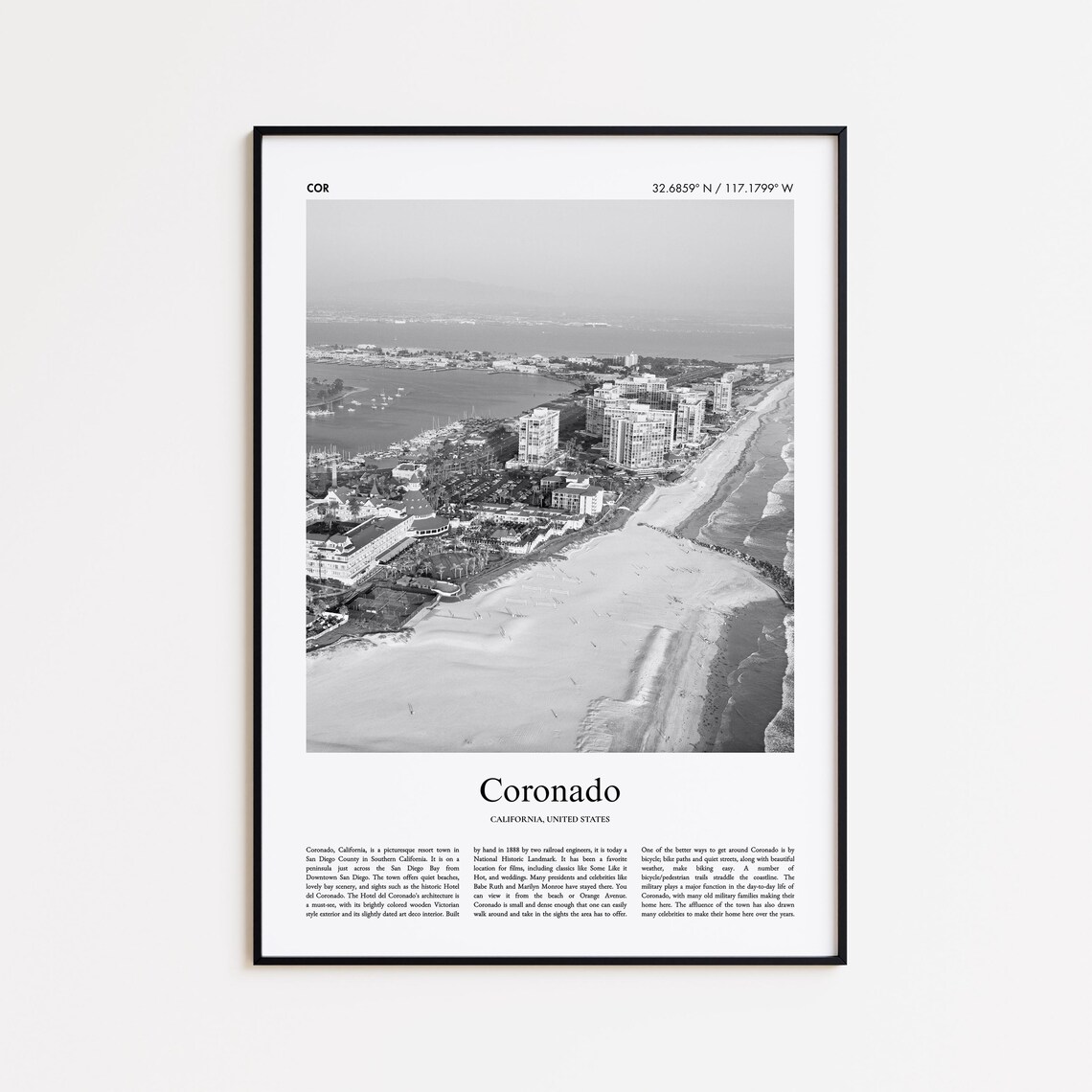 Coronado California Beach Aerial Black and White Photo Poster