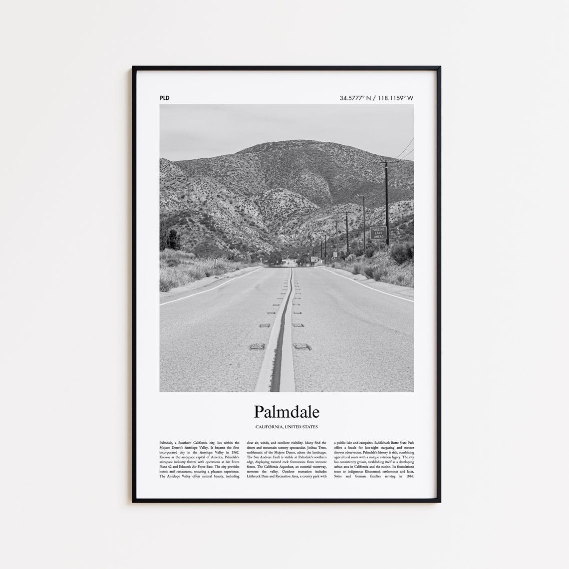 Palmdale California Desert Road Mountain Black And White Travel Poster