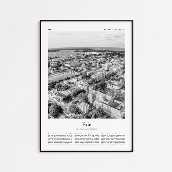 Erie Black and White Aerial Lakeside City Shoreline Photo Poster