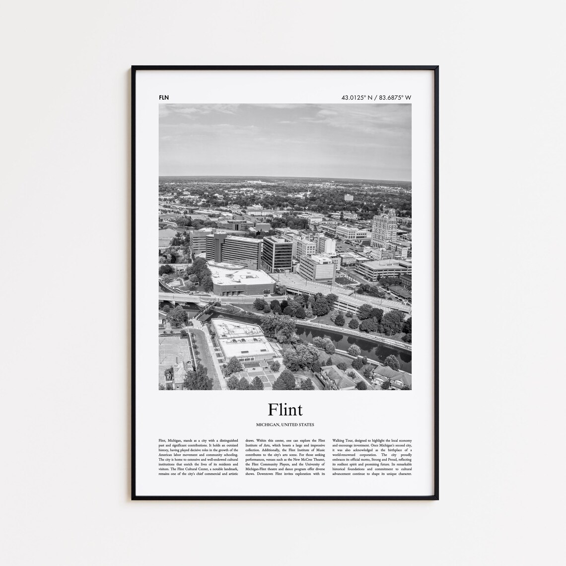 Flint Black and White Travel Poster, Michigan USA