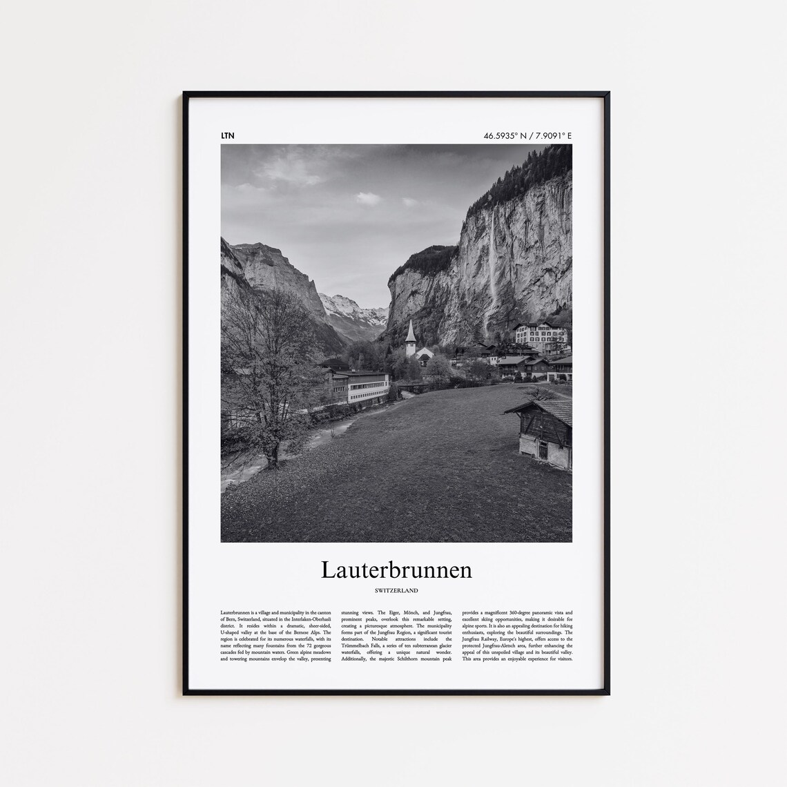 Lauterbrunnen Switzerland Black and White Valley Village Photo Poster