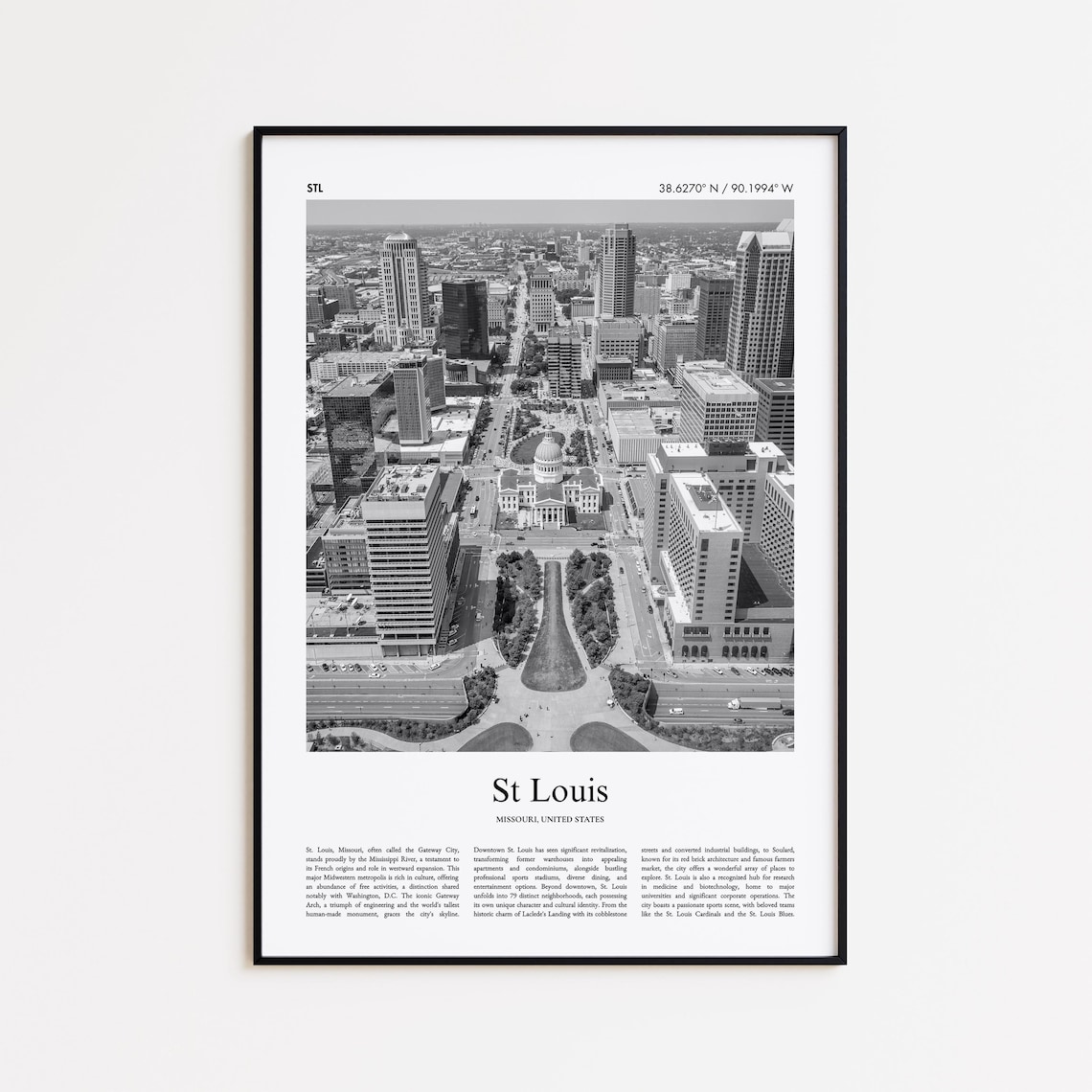 St Louis Missouri Black And White Aerial Downtown Photo Travel Poster