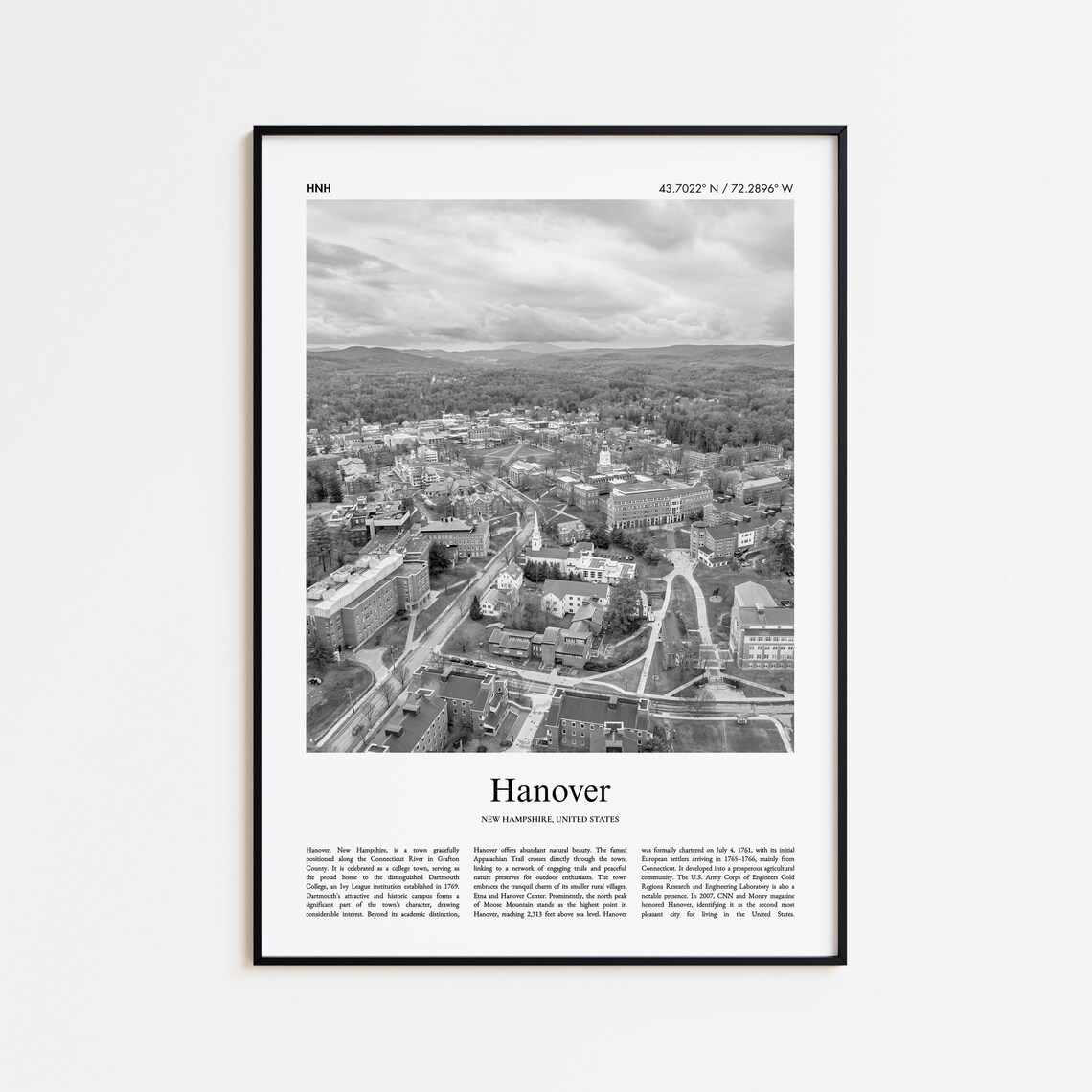 Hanover New Hampshire Aerial Town View Black And White Travel Poster