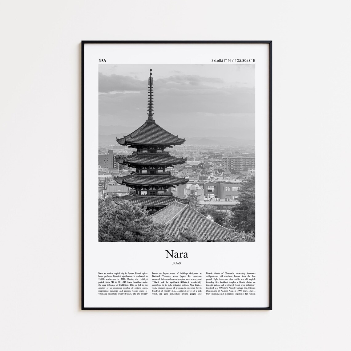 Nara Japan Black And White Pagoda Temple Skyline Travel Photo Poster